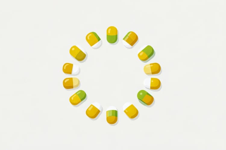 Cápsulas de vitaminas e suplementos em tons de dourado e branco dispostas em um círculo sobre um fundo claro.