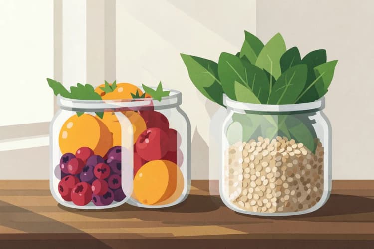 Variedade de frutas, verduras e grãos em potes de vidro, representando fontes naturais de vitaminas.