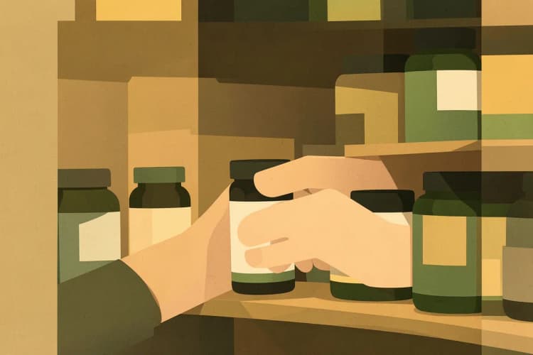 Pessoa escolhendo entre diferentes frascos de suplementos vitamínicos em uma prateleira.