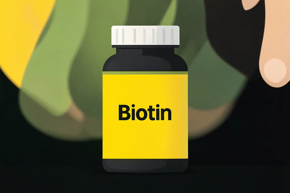 Um frasco de suplemento vitamínico com destaque para a palavra "Biotina" em um fundo desfocado de cabelos e unhas.
