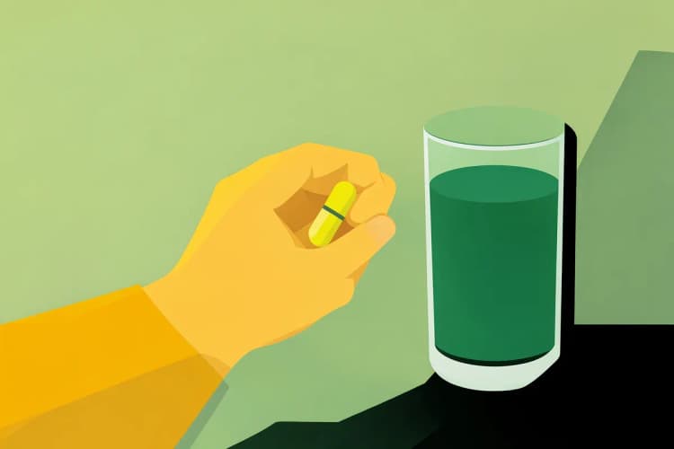 Mulher tomando um copo de água junto com uma cápsula de vitamina.