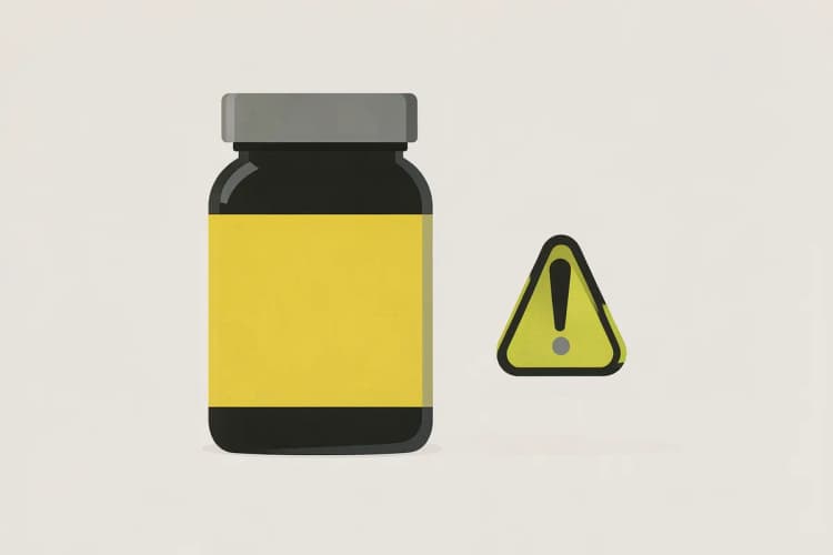 Frasco de suplemento vitamínico com um pequeno símbolo de alerta ao lado.
