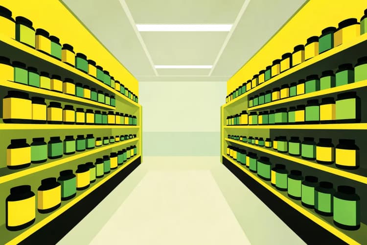 Corredor de farmácia com diversas opções de vitaminas e suplementos para cabelo e unha.