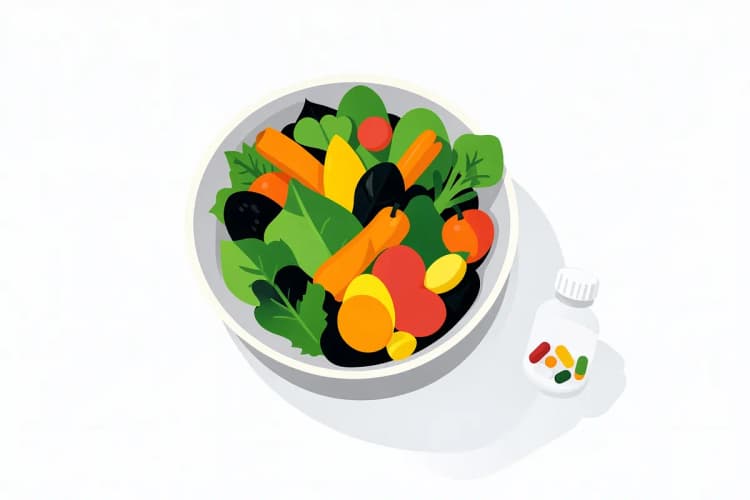 Prato com salada colorida e frutas, ao lado de um frasco de vitaminas.