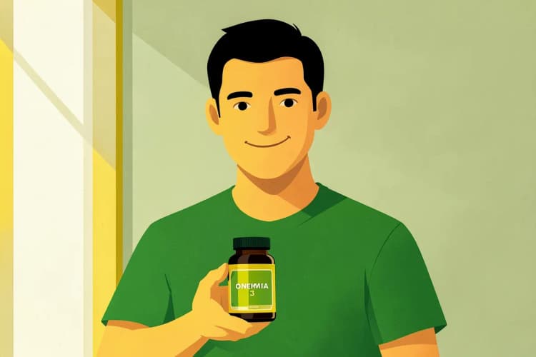 Homem sorrindo e segurando um frasco de suplemento de ômega 3, com uma cozinha clara ao fundo.