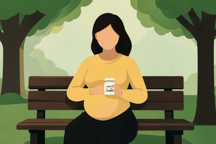 Mulher grávida sentada em um banco de parque, segurando a barriga e um frasco de ômega 3.