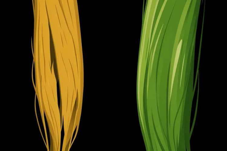 Comparação lado a lado de um fio de cabelo fraco e quebradiço ao lado de um fio de cabelo forte e saudável.