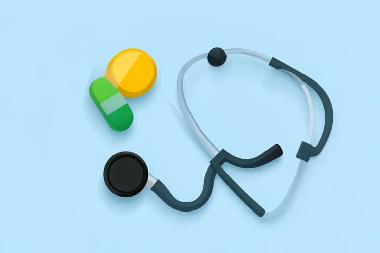 Pílulas de vitaminas e um estetoscópio sobre um fundo azul claro, simbolizando saúde capilar e tireoide.