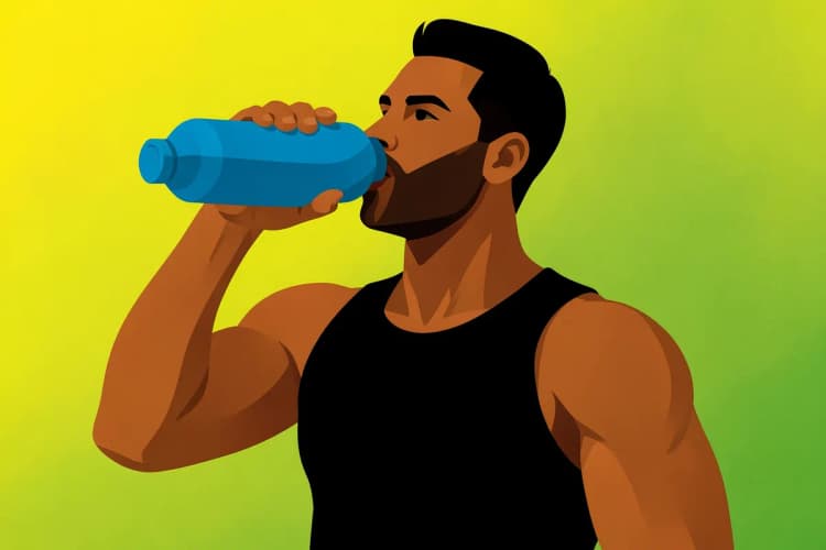 Homem musculoso bebendo água de uma garrafa após o treino