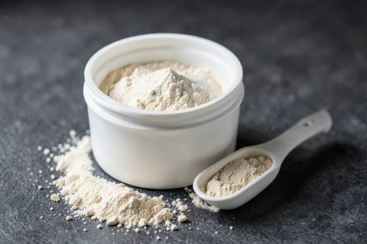 Pote de creatina com colher medidora e pó branco ao lado