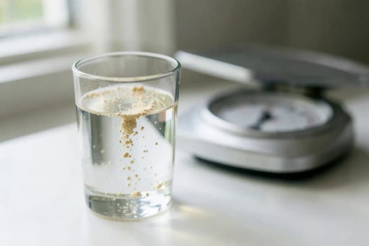 Copo d'água com pó de creatina dissolvido e uma balança ao lado