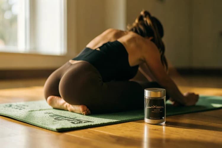 Mulher em pose de yoga com suplemento de creatina ao lado