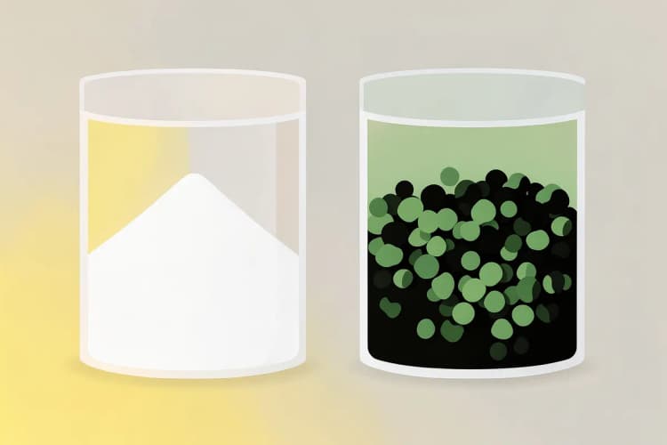 Comparação lado a lado de duas amostras de colágeno: uma em pó fino (hidrolisado) e outra em grânulos maiores (não hidrolisado), em recipientes transparentes.