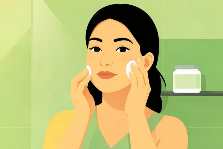 Mulher aplicando creme hidratante no rosto, com um pote de colágeno hidrolisado visível ao fundo.