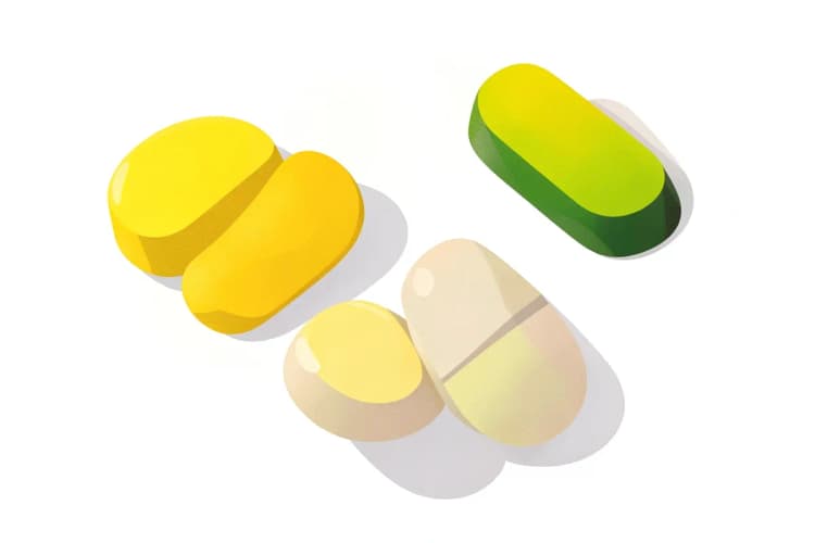 Um close-up de várias pílulas de suplemento de vitaminas do complexo B em tons de amarelo e bege.