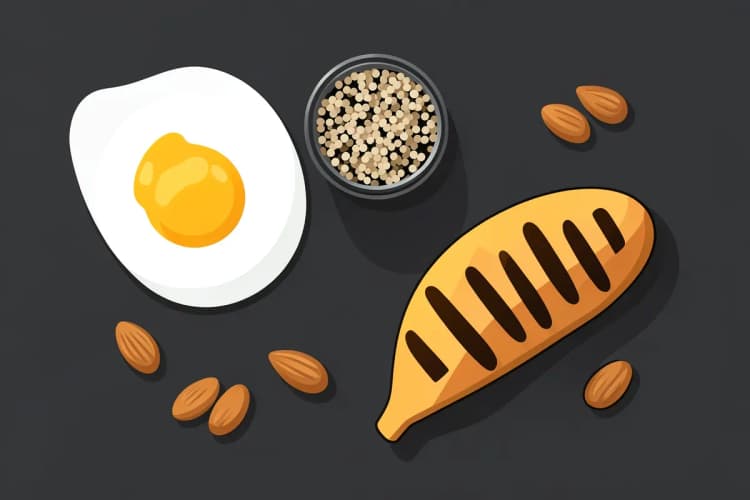 Uma variedade de alimentos ricos em vitaminas do complexo B, como ovos, folhas verdes, grãos integrais e carne magra.