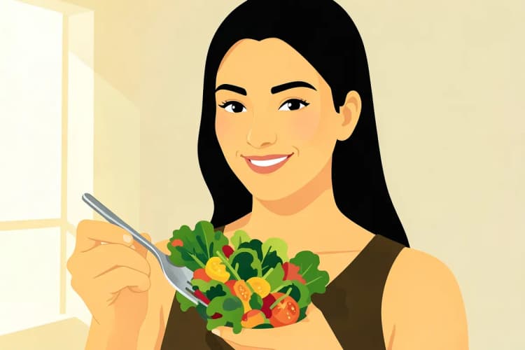 Uma pessoa sorrindo e comendo uma salada colorida, representando os benefícios das vitaminas do complexo B para a saúde.