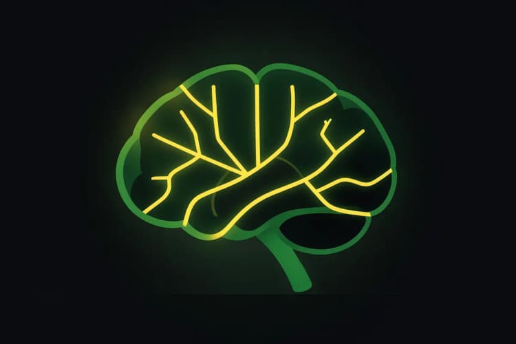 Um close-up de um cérebro humano estilizado com luzes brilhantes, simbolizando os benefícios cognitivos das vitaminas do complexo B.