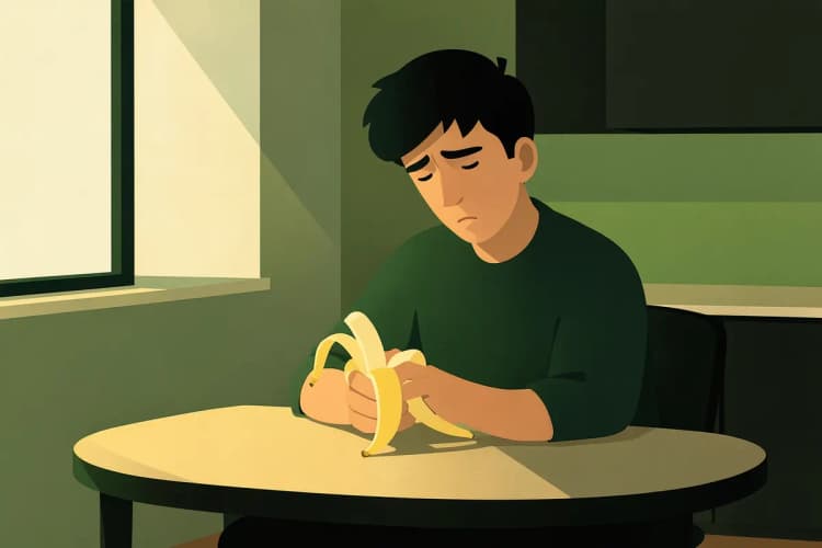 Uma pessoa sentindo-se cansada e comendo uma banana, com um fundo desfocado de uma cozinha.