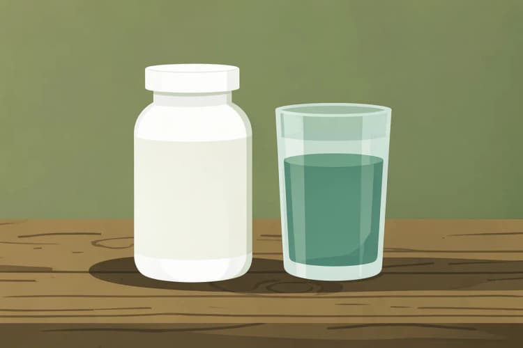 Um frasco de suplemento de vitaminas do complexo B e um copo de água sobre uma mesa de madeira.