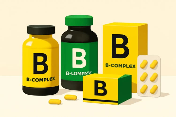 Uma seleção de diferentes suplementos de vitaminas do complexo B em frascos e embalagens variadas.