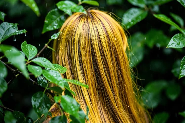 Uma cabeça de mulher com cabelos longos e saudáveis, com algumas folhas verdes e gotas de água caindo sobre eles.