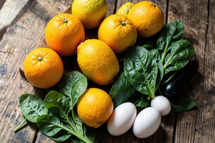 Uma variedade de frutas e vegetais frescos dispostos em uma mesa de madeira, incluindo laranjas, espinafre e ovos.