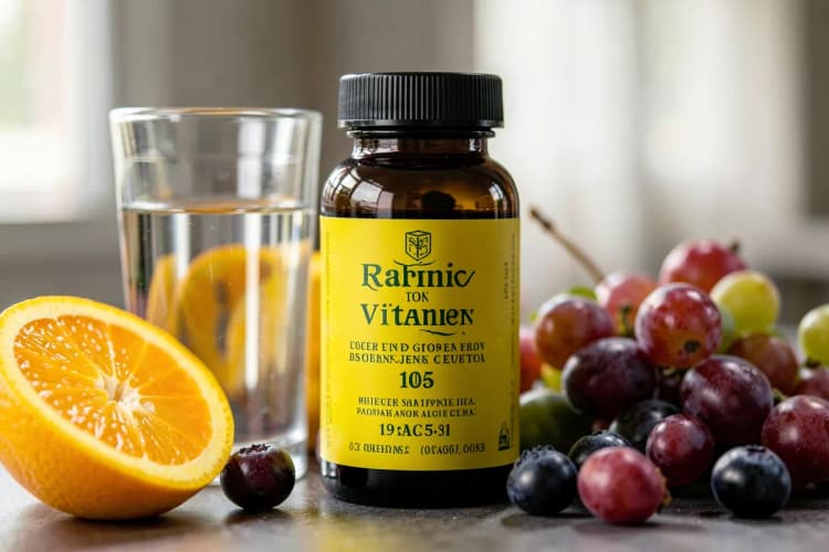Um close-up de um pote de suplemento de vitaminas para cabelo ao lado de um copo de água e algumas frutas.