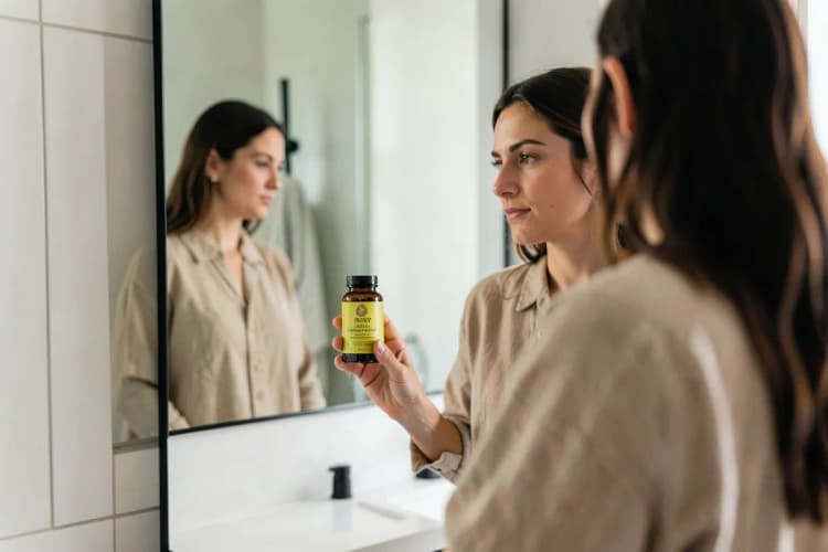Uma pessoa segurando um frasco de vitaminas para cabelo e olhando para um espelho com uma expressão pensativa.