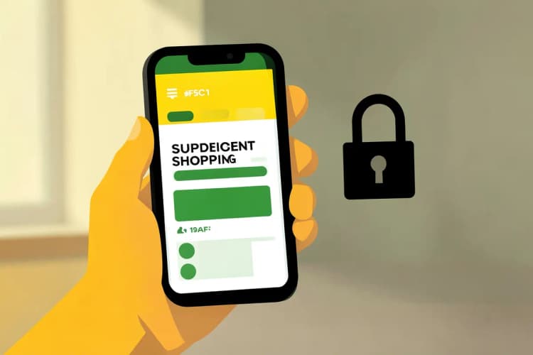 Mão segurando um celular com tela mostrando um site de compras de suplementos, com um cadeado de segurança ao lado.