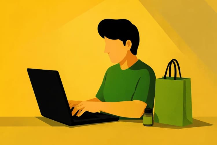 Pessoa digitando em um notebook, com uma sacola de compras online e um pote de suplemento ao lado.