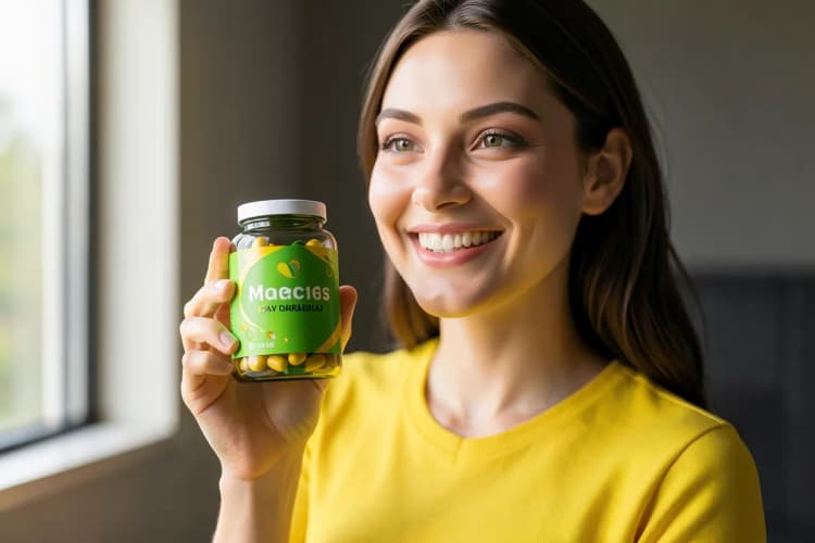 Mulher sorrindo segurando um pote de multivitamínicos, plano médio, luz natural de janela vindo da esquerda, dia.
