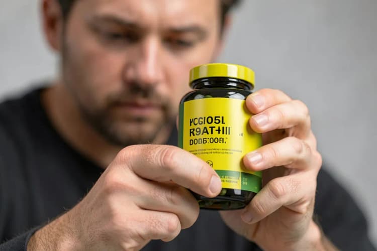 Close-up de um homem lendo o rótulo de um frasco de suplemento vitamínico, detalhe, luz de leitura vinda de cima, dia.