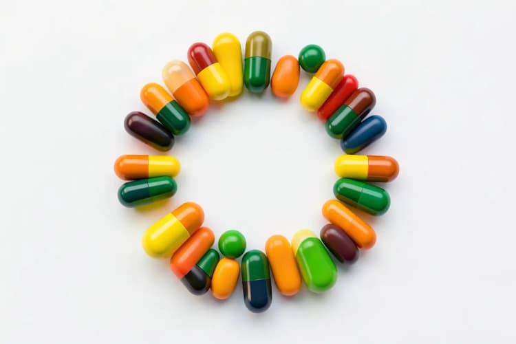 Variedade de cápsulas e comprimidos de vitaminas coloridas dispostos em círculo sobre uma superfície branca, vista de cima, luz de estúdio uniforme, dia.