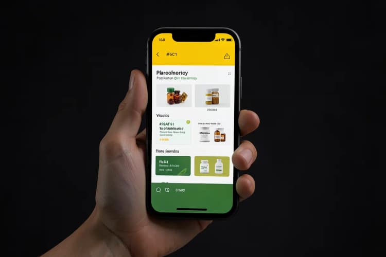 Mão segurando um smartphone com um site de farmácia aberto, mostrando vitaminas, plano médio, luz de tela do celular vindo de frente, noite.