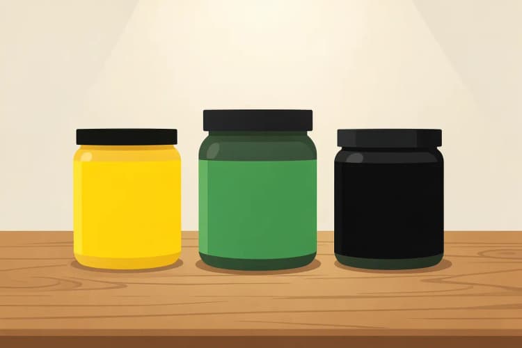 Três potes de colágeno com rótulos diferentes, dispostos em ordem crescente de tamanho sobre uma mesa de madeira.