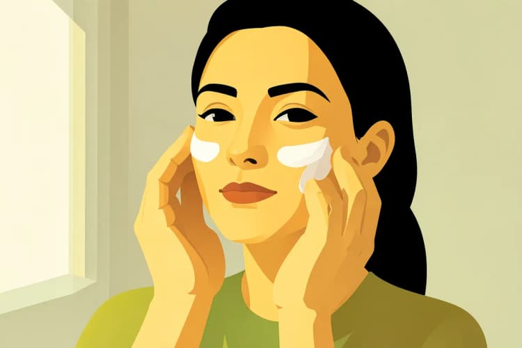 Mulher aplicando creme facial com as mãos, com a pele do rosto visivelmente mais firme e radiante.