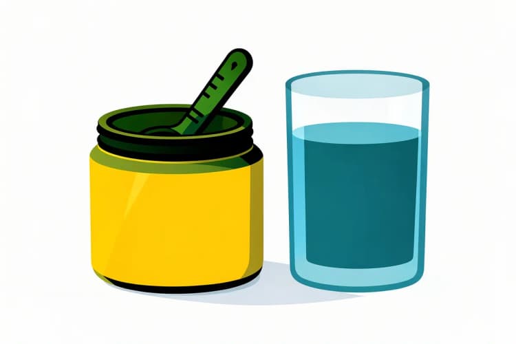 Pote de colágeno hidrolisado aberto, com uma colher medidora dentro, ao lado de um copo de água.