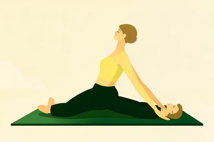 Mulher praticando yoga em um tapete, com expressão serena e corpo alongado.