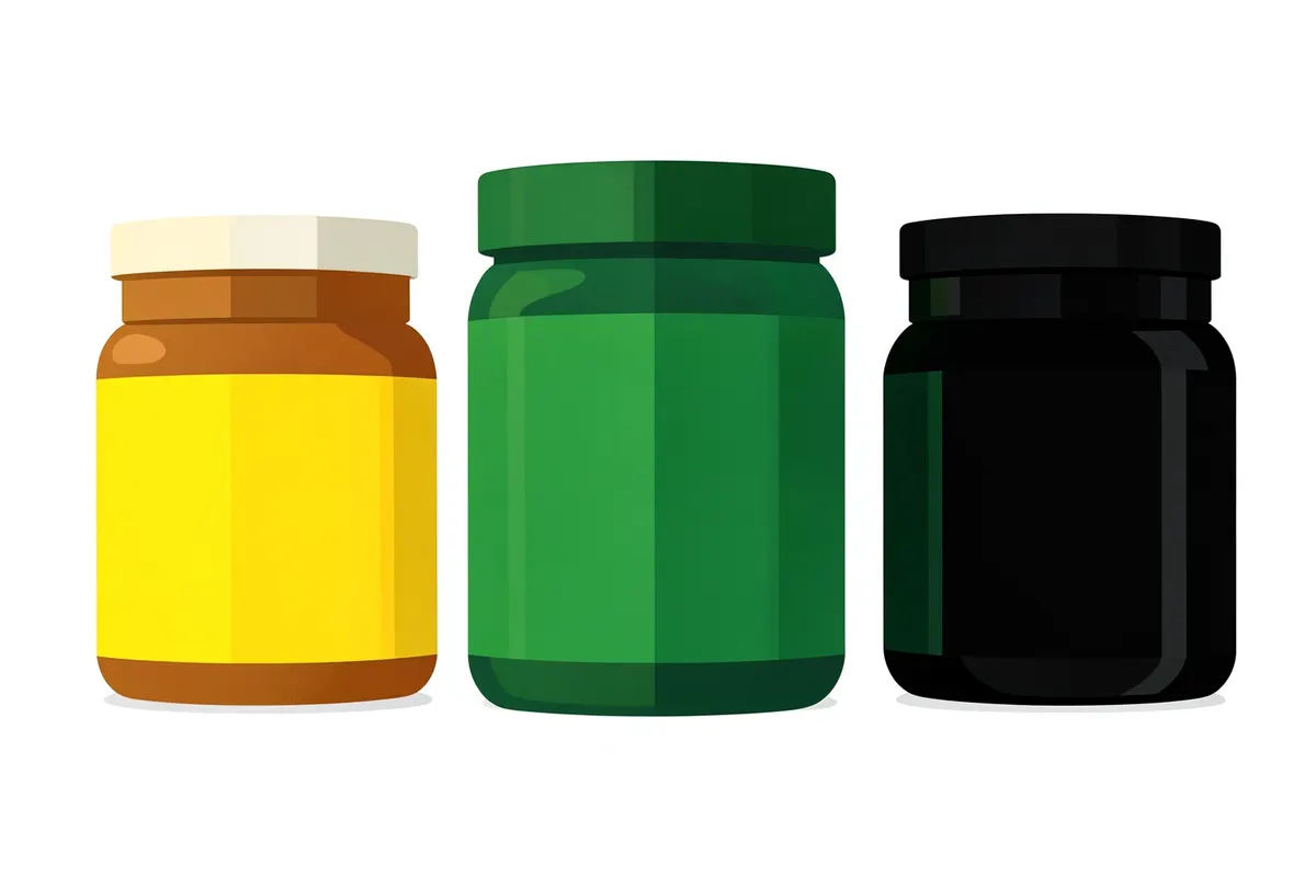 Vários potes de suplementos de colágeno de diferentes marcas e tipos, lado a lado.