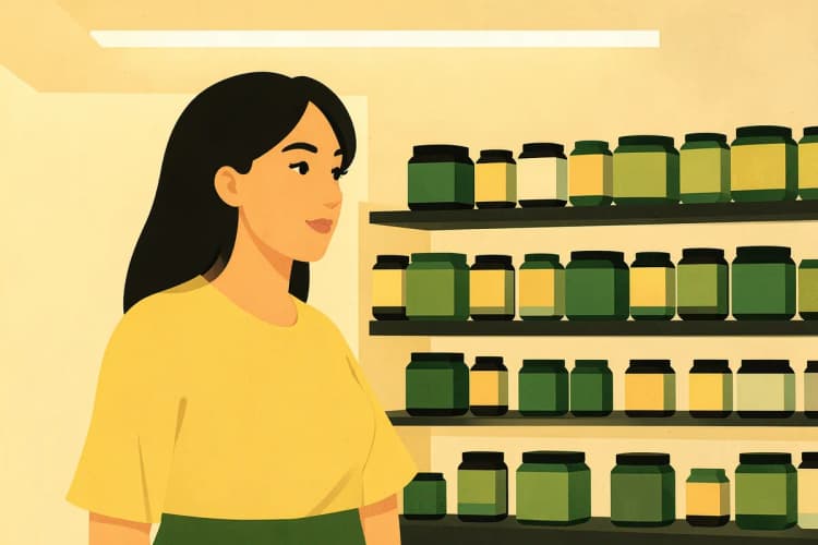 Mulher escolhendo entre diferentes potes de colágeno em uma prateleira de farmácia.