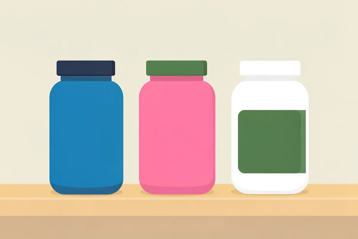 Três potes de suplementos de colágeno de cores diferentes (azul, rosa e branco) alinhados em uma prateleira.