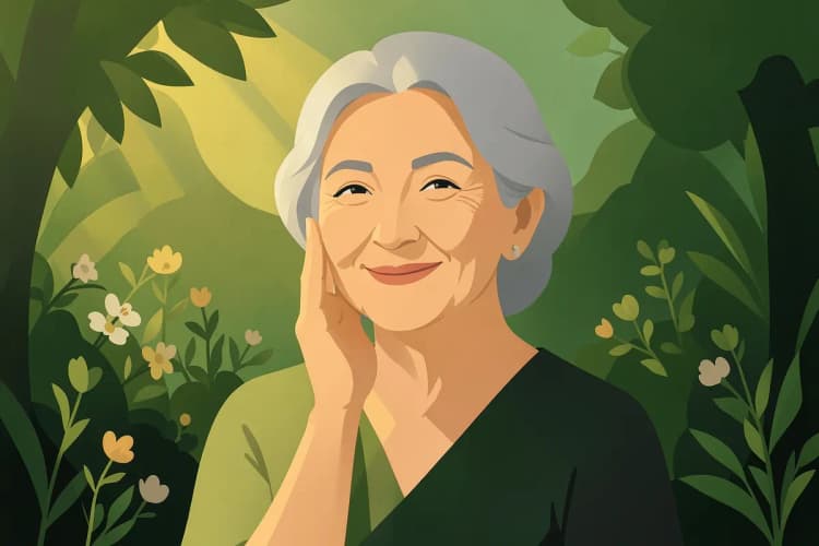 Mulher mais velha com pele radiante e cabelos grisalhos, sorrindo e tocando o rosto, em um ambiente externo com luz solar suave.