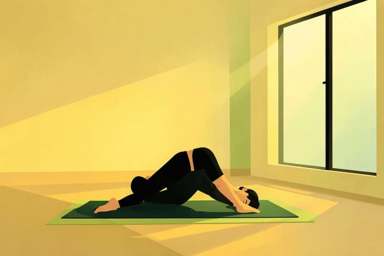 Uma pessoa praticando yoga em um ambiente tranquilo pela manhã.