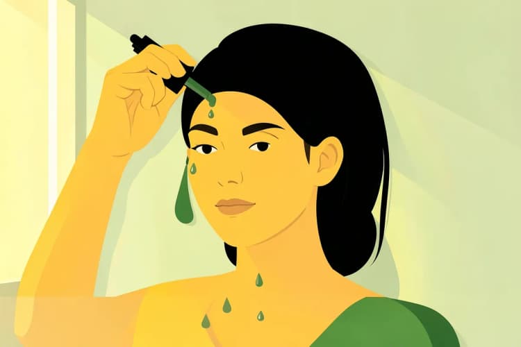 Uma mulher aplicando um sérum capilar no couro cabeludo com um conta-gotas, com foco nas gotas do produto caindo sobre a pele.