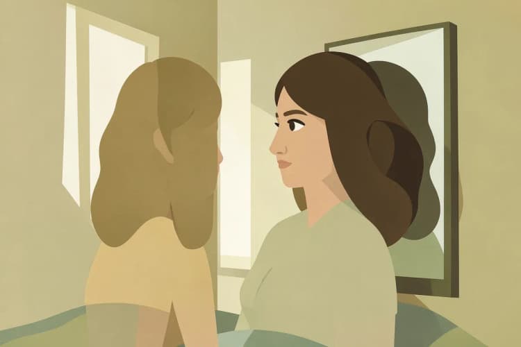 Uma mulher com cabelo castanho olhando para um espelho, com uma expressão pensativa, em um quarto com luz natural suave.