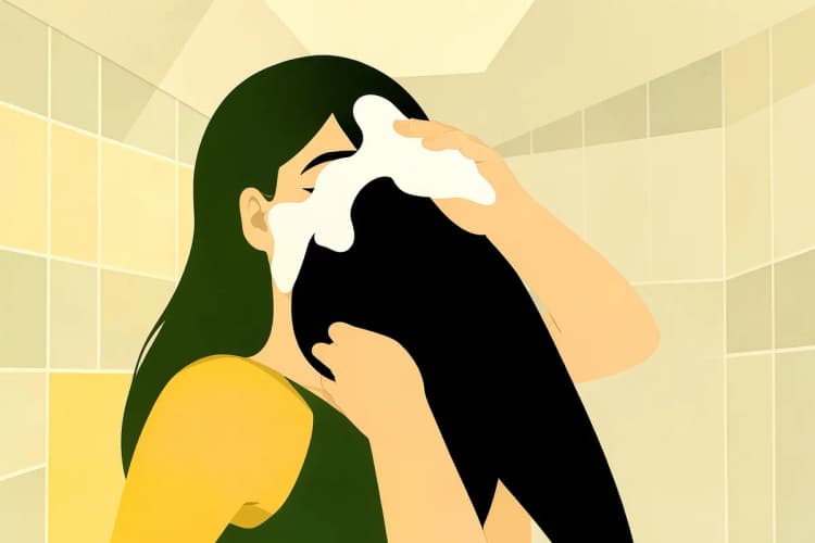 Uma mulher aplicando uma máscara capilar cremosa em seus cabelos longos e escuros em um banheiro com azulejos claros.
