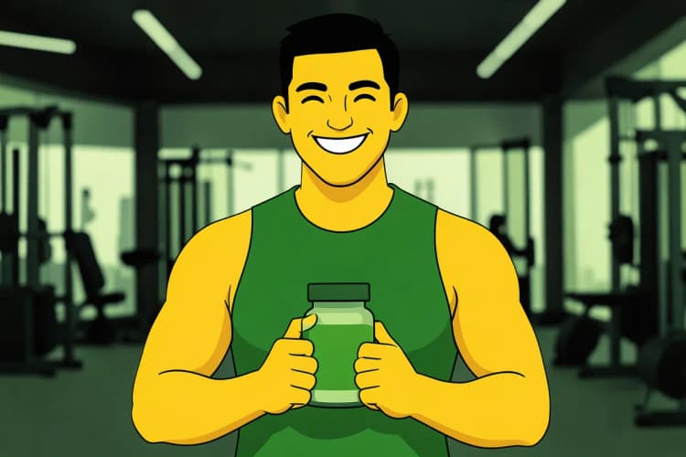 Um homem sorrindo segura um pote de suplemento com as duas mãos, com uma academia ao fundo.