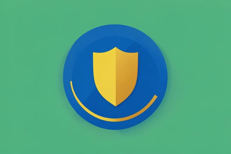 Um selo de certificação de qualidade com um escudo e um texto dourado sobre fundo azul.