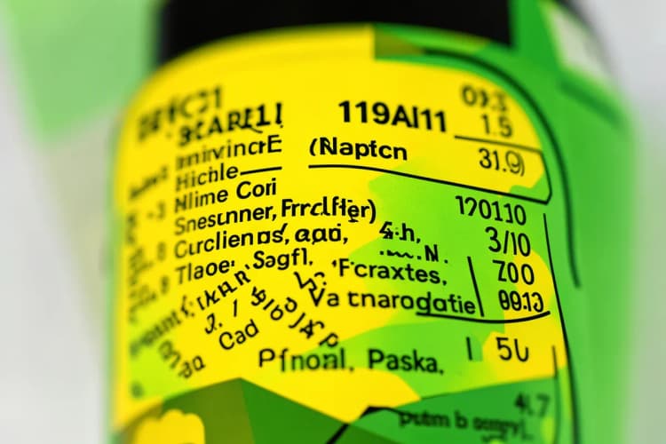 Um close-up extremo de um rótulo de suplemento, mostrando a lista de ingredientes e informações nutricionais.